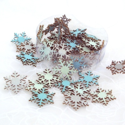 Streuteile Schneeflocken aus Holz für Weihnachten & Tischdekoration, VE 48 Stk, D 3 cm, farblich sortiert blau weiß
