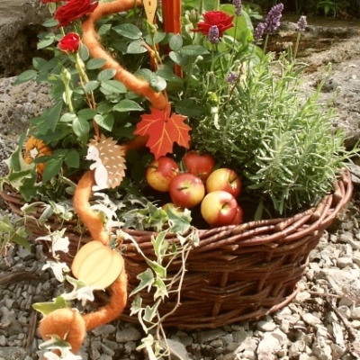 Pflanzkorb, Herbstkorb herbstlich dekoriert mit Wollkordeln und Holzdeco