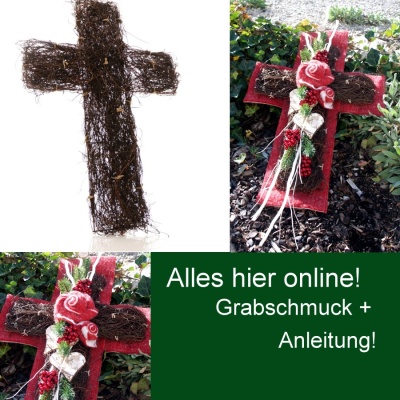 Grabschmuck Kreuz aus Rebe mit Filzrosen und Filzband modern dekoriert zum selber machen