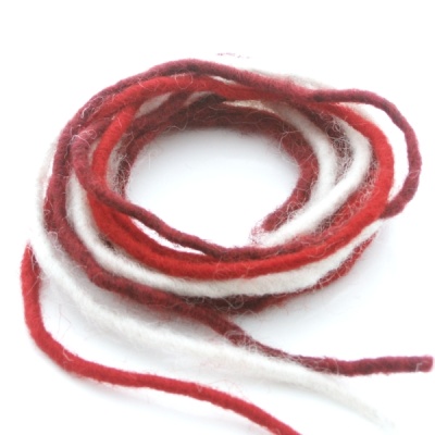 Wollschnüre Sortiment, 3 Farben je 1 m,rot, dunkelrot, weiß, 5mm stark mit Jutekern