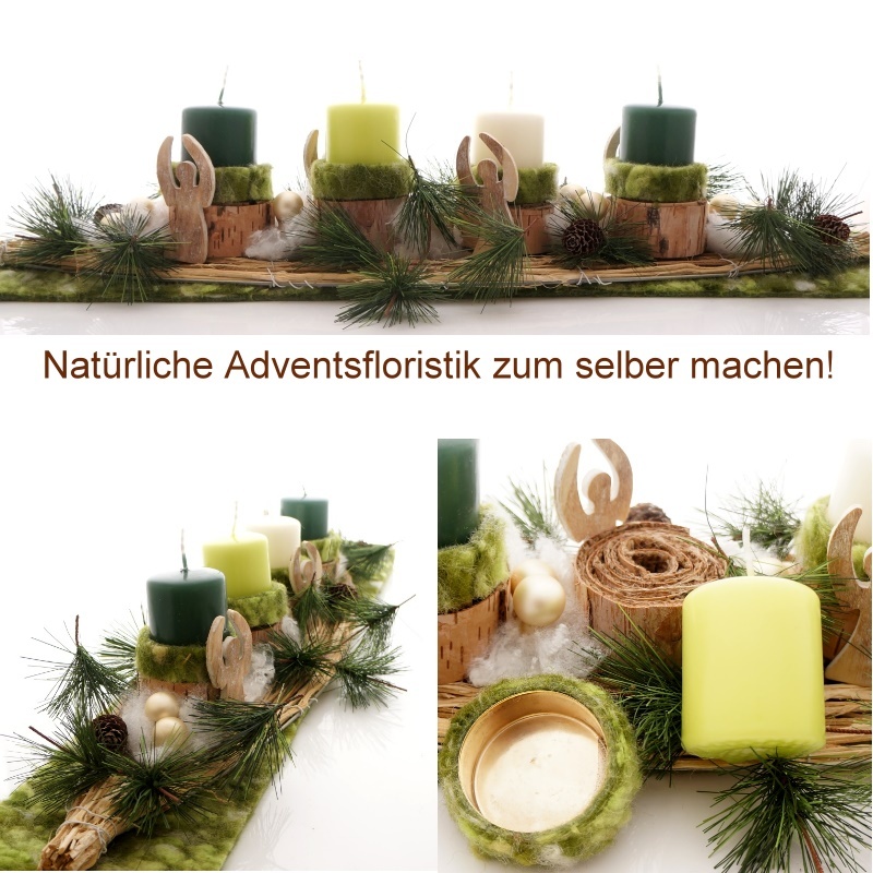 Adventsgesteck mit trendiger Deko aus Wolle, Rebe und Birke. Adventsfl