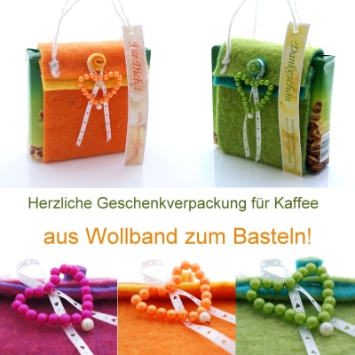 Geschenkverpackung für Kaffee aus Wollband mit Perlenherzen zum Basteln