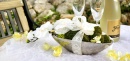 Tischdeko für Hochzeit mit Orchideen in silberne Keramikschale. Sehr edel zum selber dekorieren.