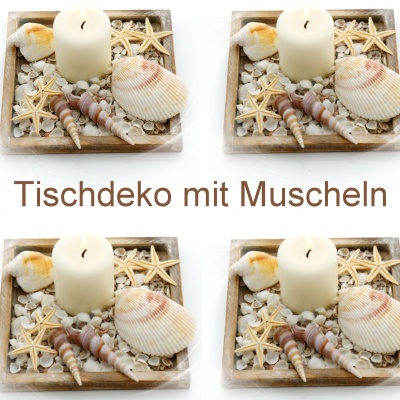 Tischdeko Sommer mit Muscheln, Schnecken und Seesterne. In Holzschale mit Kerze dekoriert zum selber machen