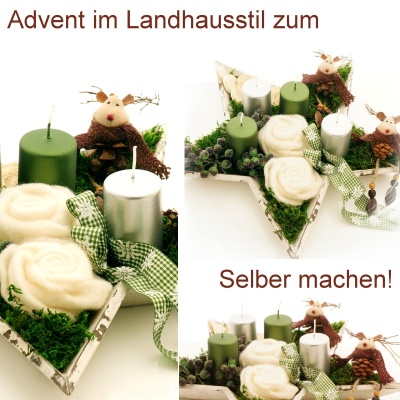 Adventskränze selber machen, ausgefallene Adventsdeko in Sternschale aus Holz im Landhausstil grün weiß