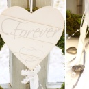 Hochzeit Herzen aus Holz, D 12,50 cm, GL 60 cm weiß, mit Bänder, Perlen, silber Herzen VE 1 Stk