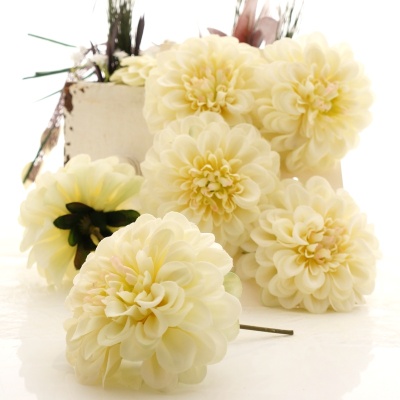 Dahlien Köpfe creme VE 6 St. Gr. 9 cm, L 9 cm, Seidenblumen Kunstblumen für Hochzeit und Tischdekoration
