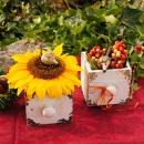 Tischdeko Herbst mit Sonnenblumen und Früchte - Beeren, in Holz Schubladen dekoriert ganz im Landhausstil