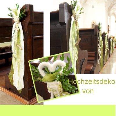 Kirchenbankschmuck für Hochzeit mit Herzen aus Wollkordeln von Lehner Wolle selber machen