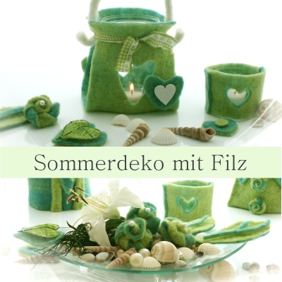 Sommerdeko mit Filz, Glasschale mit Filzrosen, Muscheln und Lilien. Hübsche Tischdeko für Sommerfeste