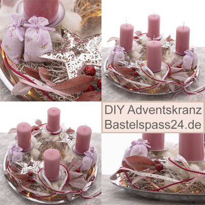 DIY Adventskranz modern Vintage Look auf Zinkteller mit Beleuchtung selber dekorieren