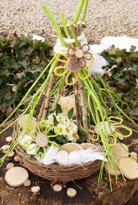 Pflanzschale Frühjahr mit Zweigen und Deko Blumen selber dekorieren