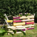 Paletten-DIY im Garten, Zink-Pflanzkasten und Wollbänder für Gartenmöbel