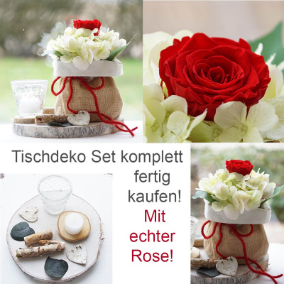 Tischdeko Set Vintage mit Birkenscheibe, Rosengesteck, Streuteile, Teelicht in natur-rot