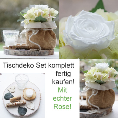 Tischdeko Set Vintage mit Birkenscheibe, Rosengesteck, Streuteile, Teelicht in natur-weiß