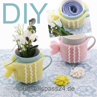 DIY Tischdeko Frühling, Tassen mit Blumen und Wollband selber dekorieren