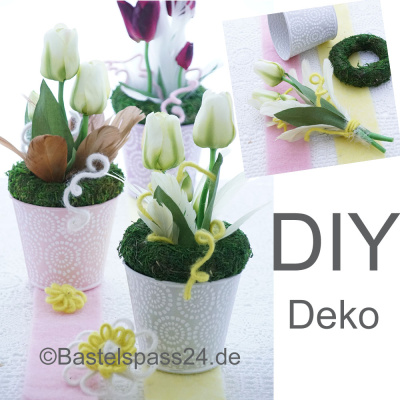 DIY Tischdeko Vintage Frühling mit Tulpen, Federn, Wolldraht, selbermachen