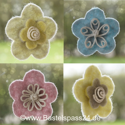 Blumen basteln aus Filz, Wollband zweifarbig und Wolldraht, DIY Fensterdeko Frühling