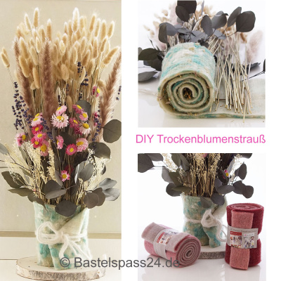 DIY Trockenblumenstrauß gewickelt in Wollband mit Pampasgras, Lagurus, Acroclinium