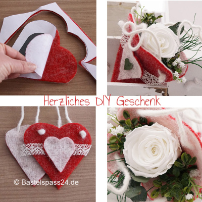 DIY Geschenk Muttertag, Geburtstag, Filztasche mit Rose stabilisiert rot weiß