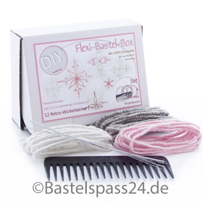 Flexi Bastel Box für 12 Retro Wickelsterne in 4 - 14 cm, 6 Modelle, Wolldraht Glimmer in weiß, grau, rosa, mit Anleitung