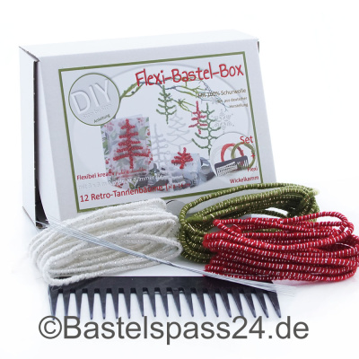 Flexi Bastel Box für 12 Retro Tannenbäume in 8 - 12 cm, 4 Modelle, Wolldraht Glimmer in weiß, grün, rot, mit Anleitung