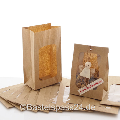Papiertüten aus Kraftpapier braun 24 Stück, Blockbeutel mit Fenster, 11 x 6 x 21 cm