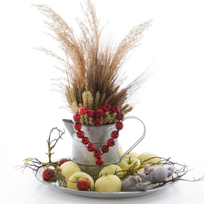 Herbstschale, Herbstteller mit Trockenblumen und Apfelherz in Zinkkanne selbermachebn