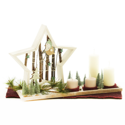 DIY Adventsschale Holz, L 45 cm, mit LED Stern, 4 Kerzen, Tannenbäumchen