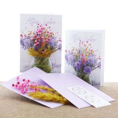 Grußkarten mit Trockenblumen VE 2 Stk, Alles Liebe, Bastelset mit Doppelgrußkarten