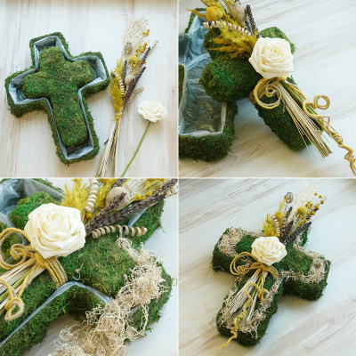Pflanzkreuz Grab Moos-Kreuz zum Pflanzen und Stecken, Allerheiligen Gesteck mit Trockenblumen