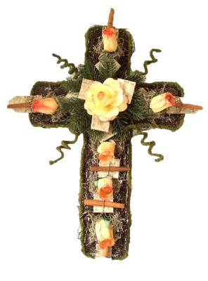 Bastelset Grabschmuck, Grabgestecke  Rebenkreuz mit Holzrosen zum Bemalen