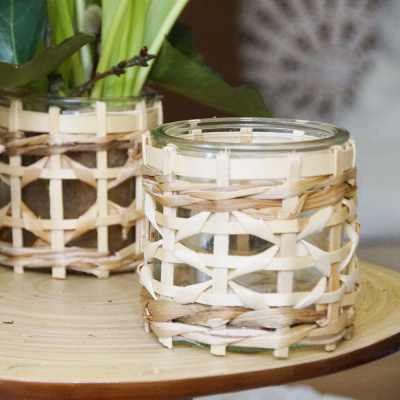 Glasvase Windlicht mit Holzspan dekoriert Boho Gr 8x8 cm rund