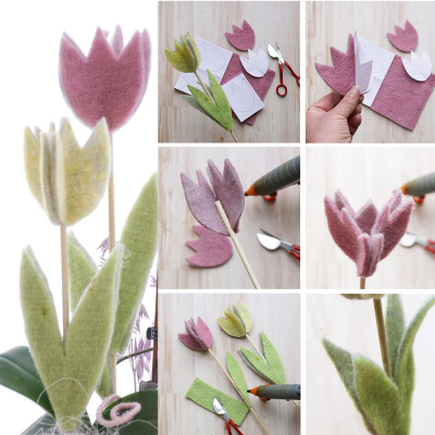 Tulpen Blumen für Frühling aus Wollfilz, Wollband, Fensterdeko