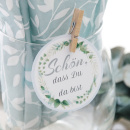 Tischkarten rund blau weiß mit Eukalyptus Motiv, 18 x auf DIN A 4 Bogen, Text Schön dass Du da bist,