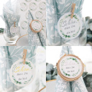 Tischkarten rund blau weiß mit Eukalyptus Motiv, 18 x auf DIN A 4 Bogen, Text Schön dass Du da bist,