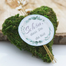 Tischkarten rund blau weiß mit Eukalyptus Motiv, 18 x auf DIN A 4 Bogen, Text Schön dass Du da bist,