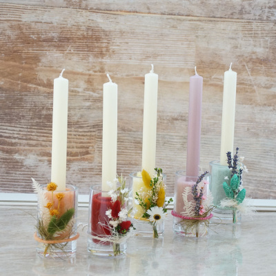 DIY Kerzenständer Kerzenhalter Glas, moderne Tischdeko mit Trockenblumen in vielen Farben