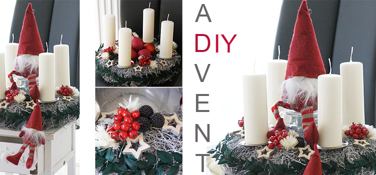 DIY Adventskranz modern klassisch rot weiß schwarz mit Ruskus und Trockenblumen
