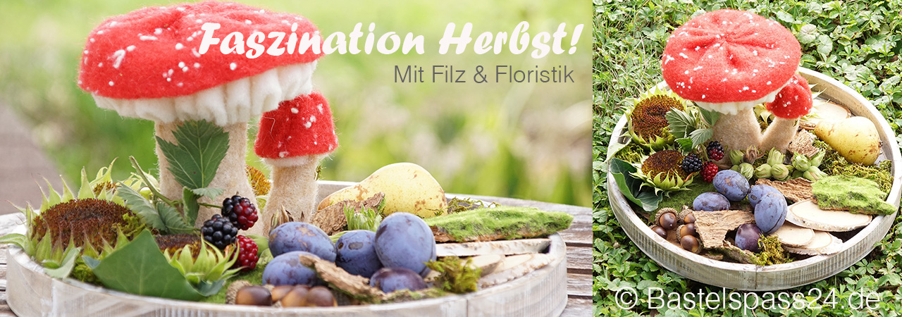 DIY Tischdeko Herbst - Herbstschale mit Naturfloristik und Wollfilz - Fliegenpilz aus Wollband basteln