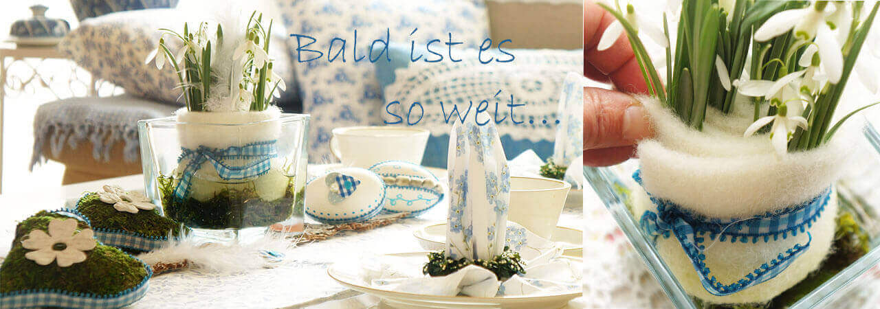Tischdeko Ostern und Frühling blumig in blau weiß