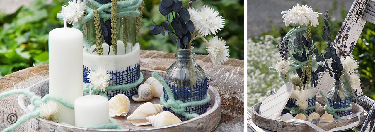 Hochzeitsdeko selber machen DIY Hochzeit blau weiß mit Glas und Holz