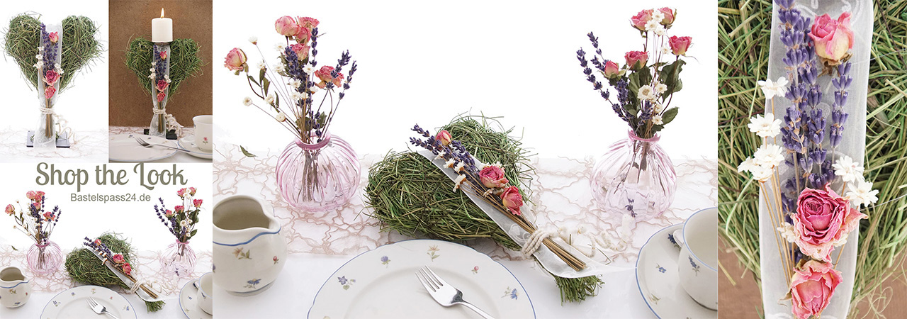 DIY Hochzeitsdeko mit Trockenblumen, Glas und Heuherzen
