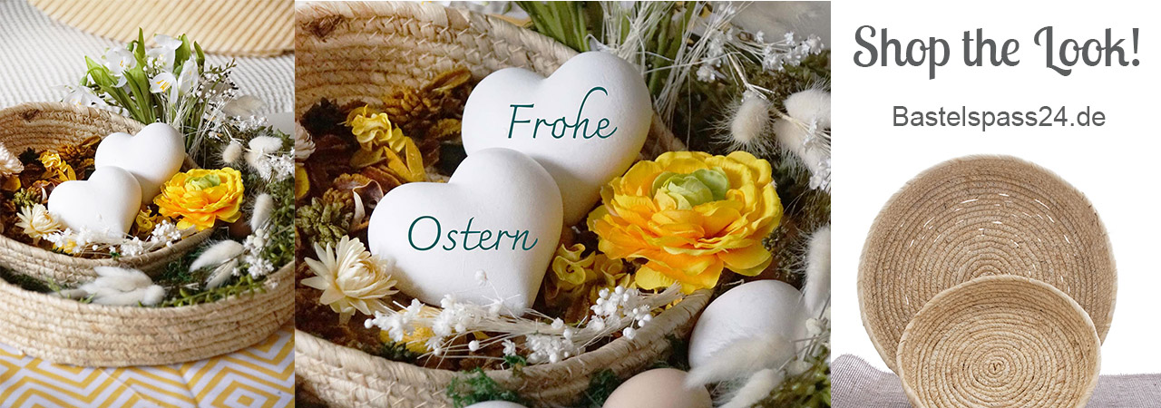 Frühjahrsdeko und Osterkorb mit Trockenblumen