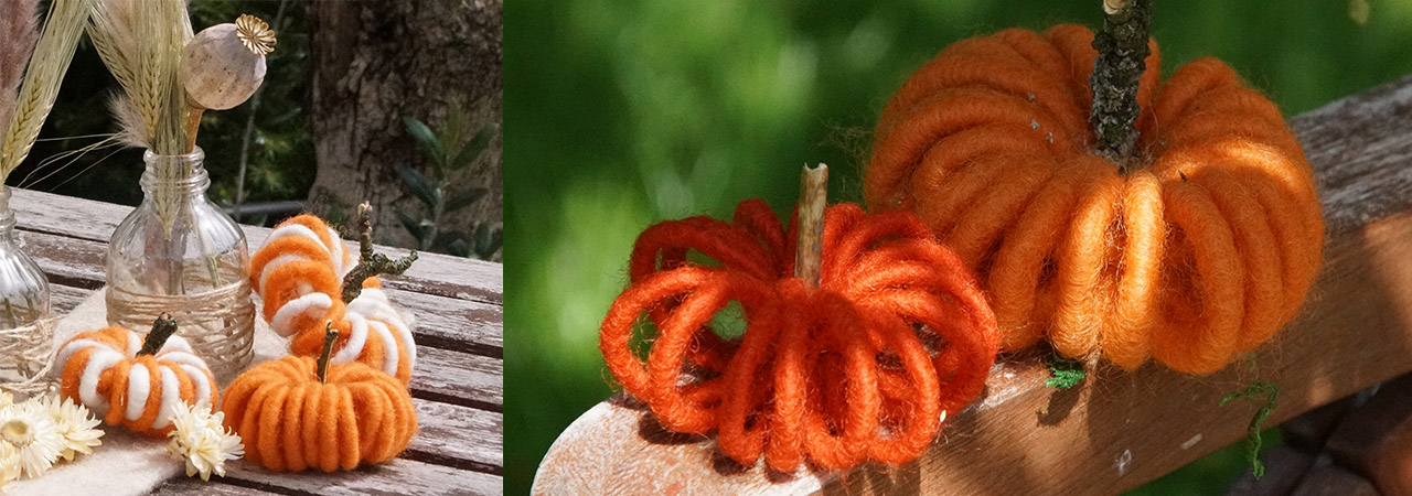 DIY Herbstdeko Basteln mit Kürbisse aus Wollkordel Filzkordel mit Draht - Tischdeko Herbst